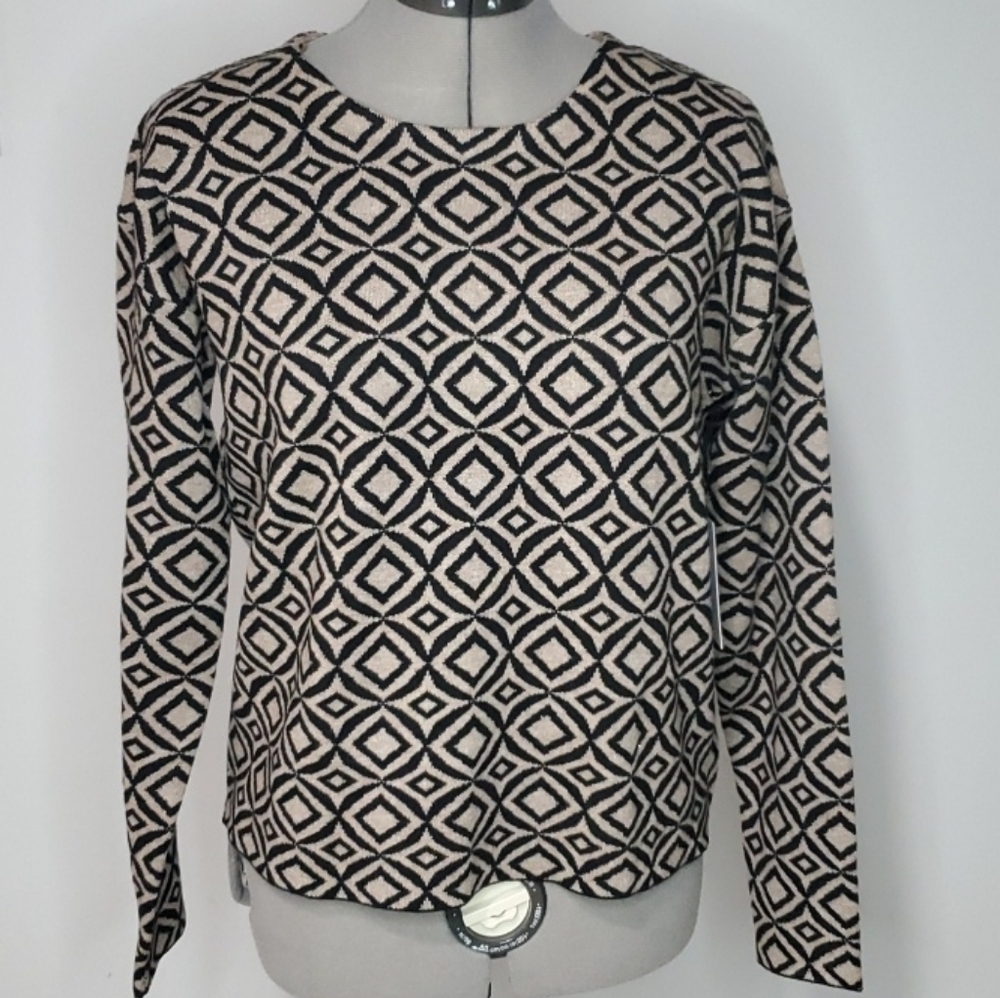 NWOT HALSTON SWEATER WOMEN SIZE S GeometeicPrint Crewneck Sweater Black & Brown